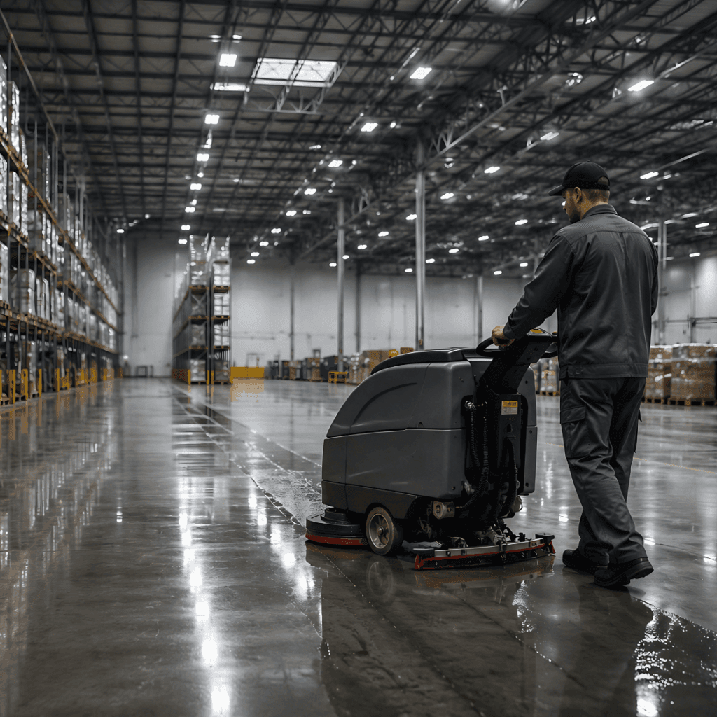 A man cleaning the floor using an auto scrubber