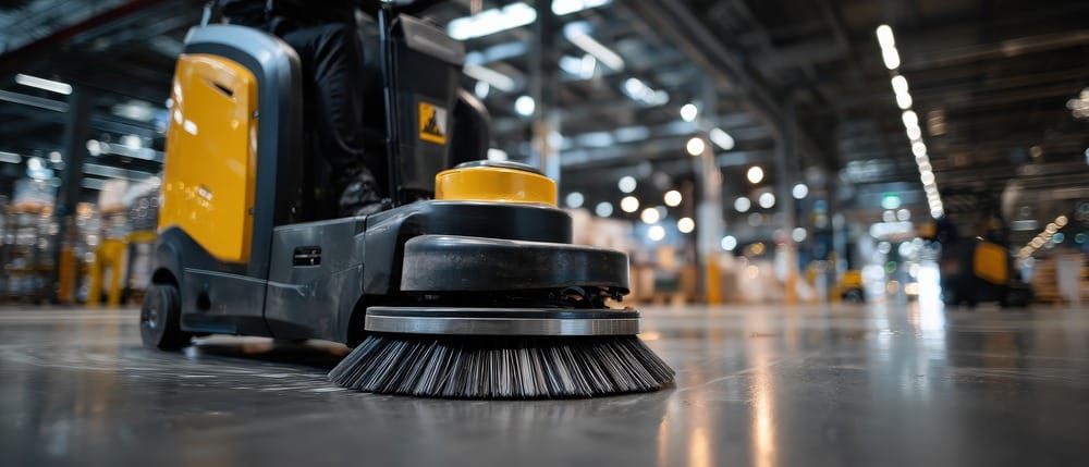 Industrial floor cleaning machine in motion inside a large warehouse,